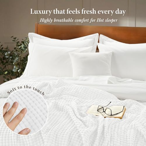 Threadmill Twin Waffle Bed Blanket, Rayon Derived from Bamboo, White - color: White, size: Twin (68" x 92")