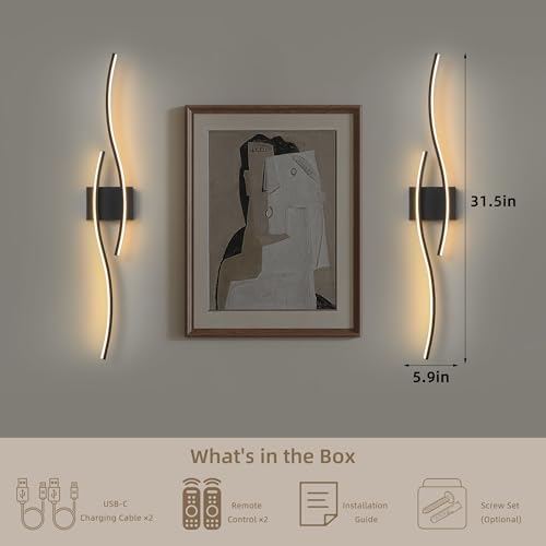 Wireless Wall Sconces Set of Two, Dimmable, 3CCT, Up to 65H Runtime - color: Black, size: 31.5 inches (2 Pack)