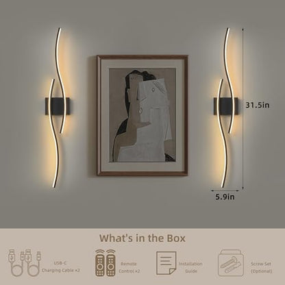 Wireless Wall Sconces Set of Two, Dimmable, 3CCT, Up to 65H Runtime - color: Black, size: 31.5 inches (2 Pack)