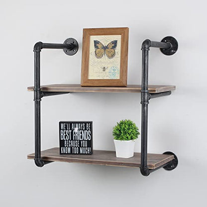 MBQQ Industrial Pipe Shelving Wall Mounted,24in Rustic Metal Floating Shelves,Steampunk Real Wood Book Shelves,Wall Shelf Unit Bookshelf Hanging Wall Shelves,Farmhouse Kitchen Bar Shelving(2 Tier) - color: 2-layer, size: 24in