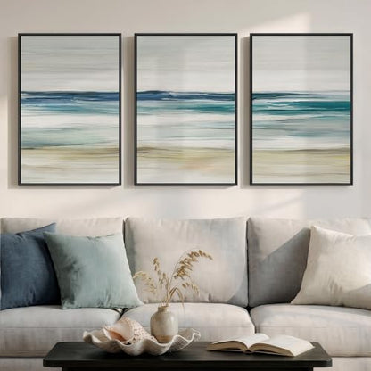 Framed Blue Abstract Coastal Ocean Seascape Wall Art Bedroom, 16x24 Inch - color: 3 Piece-Abstract Coastal, size: 16" W x 24" H x 3Pcs