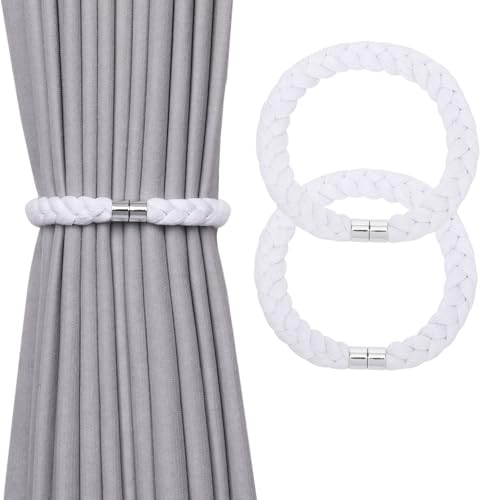 NICEEC 2 Pack Natural Cotton Rope Magnetic Curtain Tiebacks Elegant Twisted Braid Style Drape Tie Backs Soft Hand-Woven Rope Curtain Holdbacks for Home & Office Window Draperies (White-01) - color: White-01, size: 2 Pack