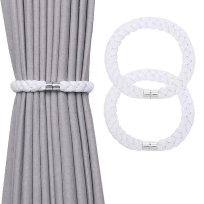 NICEEC 2 Pack Natural Cotton Rope Magnetic Curtain Tiebacks Elegant Twisted Braid Style Drape Tie Backs Soft Hand-Woven Rope Curtain Holdbacks for Home & Office Window Draperies (White-01) - color: White-01, size: 2 Pack