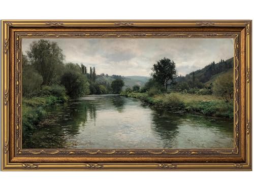 Yuantulan Vintage River Valley Landscape Wall Art Antique Gold Framed Print - color: Green mountains and clear waters