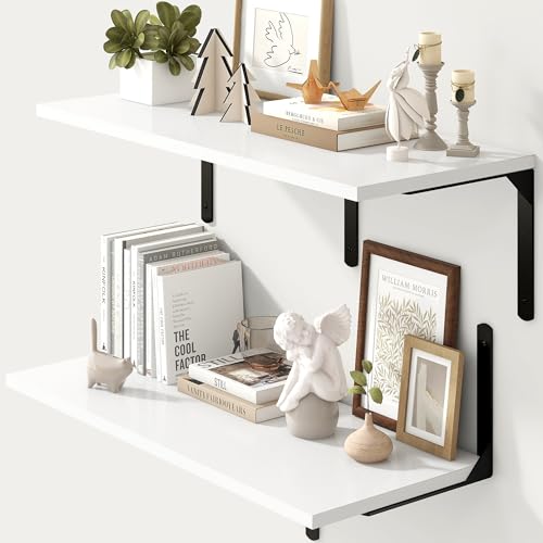 Fun Memories Floating Shelves for Wall, 12 Inch Deep Floating Shelves Set of 2, Wall Mounted Shelf with Metal Brackets, Rustic Wood Wide Shelf for Bathroom, Kitchen and Living Room, White, 32W x 12D - color: White | L Bracket, size: 31.5"L x 12"D