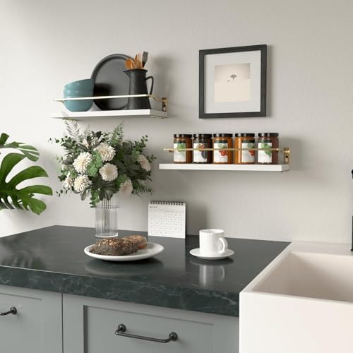 RICHER HOUSE Floating Shelves Bathroom, Small Wall Shelf Over Toilet 2 Set - color: White & Gold