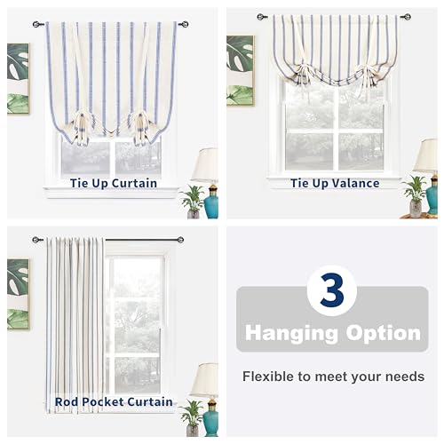 DriftAway Farmhouse Double Layer Linen Blackout Tie Up Curtains Thermal Insulated Vertical Striped Fully Lined Balloon Roman Shade Bathroom Window Adjustable Rod Pocket 31 Inch by 47 Inch Navy - color: Navy Blue, size: 31"W x 47"L (Pack of 1)