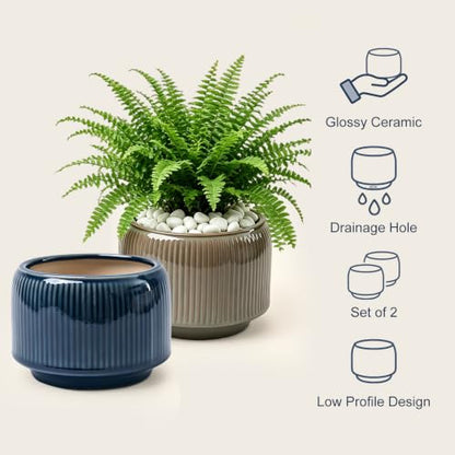 6 Inch Ceramic Plant Pots Set of 2 with Drainage Hole for Indoor Plants - color: Navy & Taupe