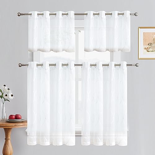 July Joy White Sheer Curtains 18 Inches Long Moroccan Embroidered Grommet Semi Window Drapes for Living Room Bedroom, White 2 Panels - color: White, size: 52"W x 18"L (Pack of 2)