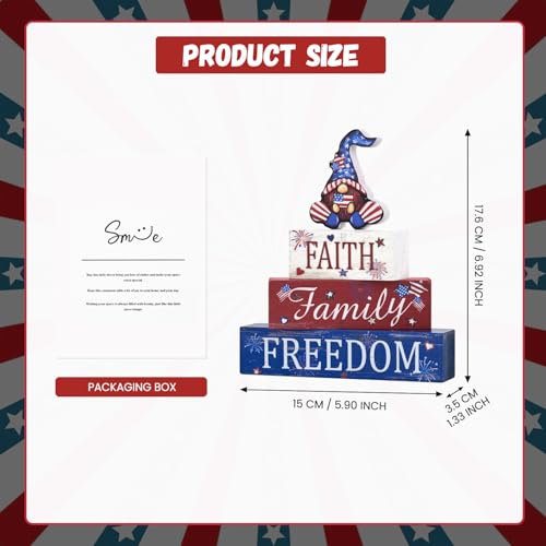 Smile Patriotic Wooden Block Stack with Gnome Decor, 4-Piece "Faith Family Freedom" Tiered Tray Decor for 4th of July & Memorial Day - style: Patriotic