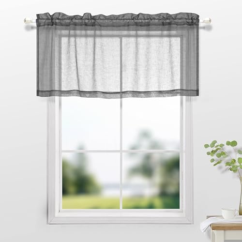 KOUFALL Gray Valances for Windows,Sheer Linen Look Valance Curtains for Kitchen Bathroom Living Room,Charcoal Dark Grey,18 Inch Length - color: Dark Grey