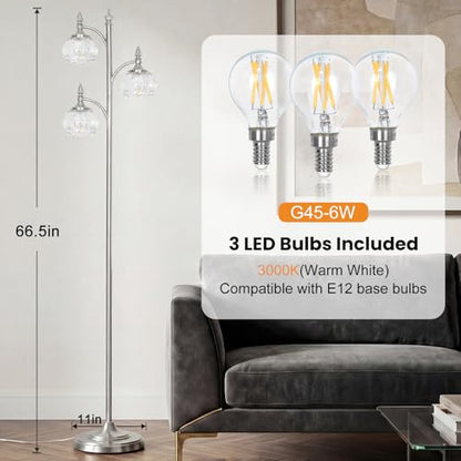 JUNNAI Brushed Nickel Floor Lamps for Living Room Silver Flower Standing Lamp with 3 Brightness Lights Glass Shades 66.5in Lamp for Bedroom Office(3LED Bulbs Included) - color: Silver-2