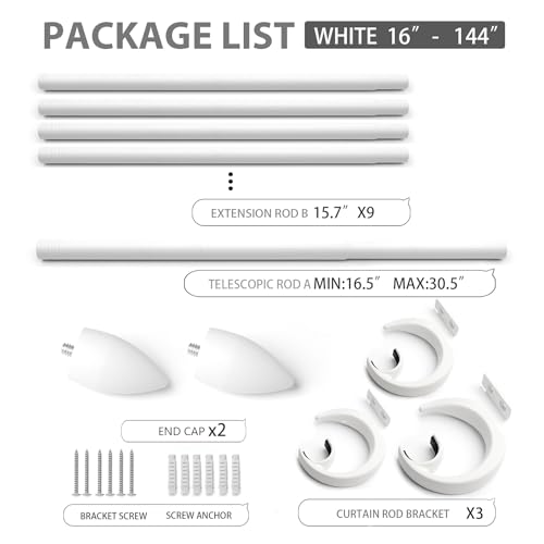 Modern Adjustable Curtain Rod Set 16 to 144 Inches, Sleek Window Rod for Bedroom, Living Room, White - color: WHITE, size: 16" to 144"