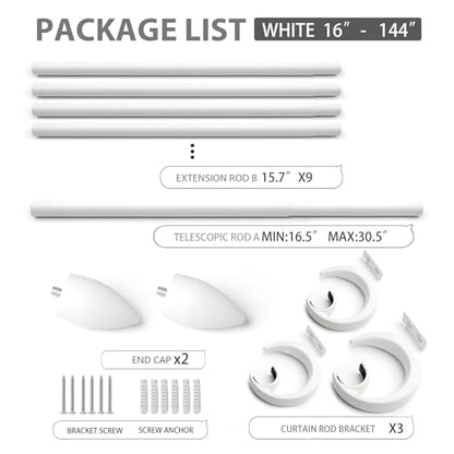Modern Adjustable Curtain Rod Set 16 to 144 Inches, Sleek Window Rod for Bedroom, Living Room, White - color: WHITE, size: 16" to 144"