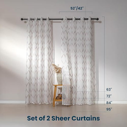 SLEEP ZONE Sheer Curtains for Living Room and Bedroom, Embroidered Sheer Curtains White Sheer Curtain 52 × 84 inches Long of 2 Panels, Off-White Waves - color: White Waves, size: 52"W×84"L