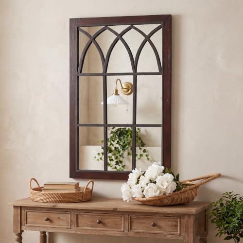 Rustic Window Mirror for Wall Decor, Wooden Frame Decorative Wall Mirror - color: Espresso