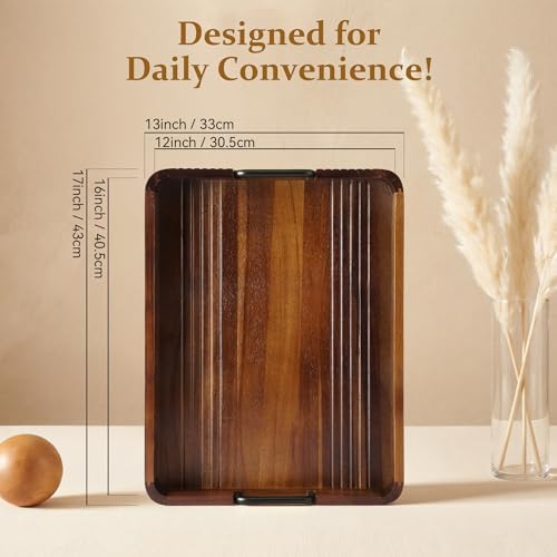Acacia Wood Serving Tray with Metal Handle, 17x13in Tray for Ottoman - color: Dark Acacia / Black Handle, size: 17” × 13” × 2”