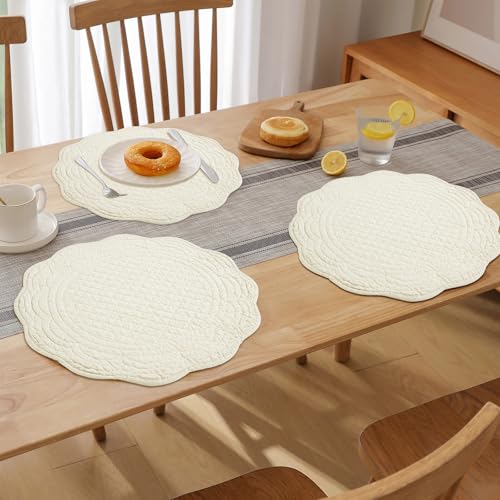 HOMBYS Quilted Placemats Set of 4 Washable Round Placemats for Kitchen Table-100% Cotton Fabric Round Table Mats, (Flax) - color: Flax