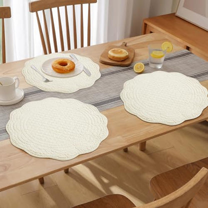 HOMBYS Quilted Placemats Set of 4 Washable Round Placemats for Kitchen Table-100% Cotton Fabric Round Table Mats, (Flax) - color: Flax