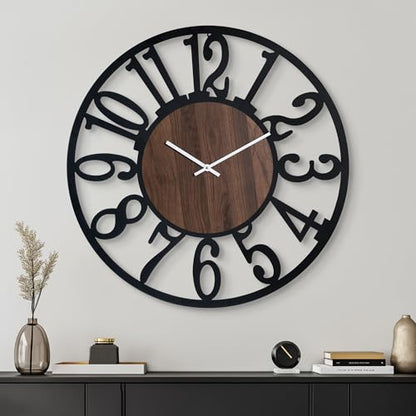 32" Silent Large Wall Clock – Glow Night Light, Battery Operated - color: Black Walnut - Arabic Numerals, size: 32 inch