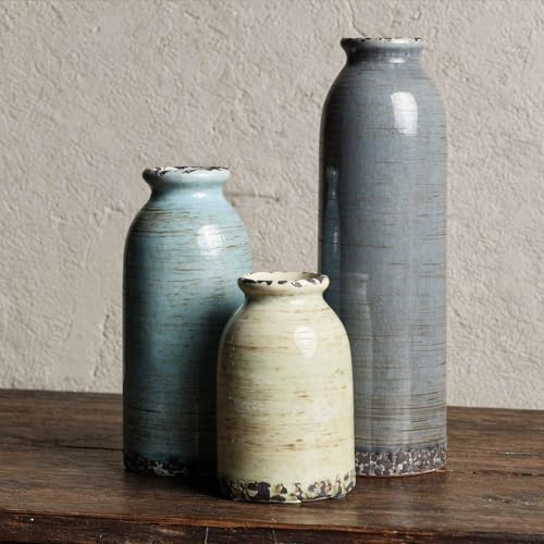 Modern Pottery Vase Set of 3, Neutral Ceramic Bottle Vases for Home Decor - color: Morandi Colors01