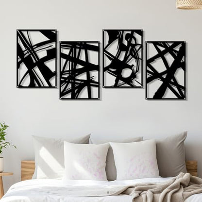 Zzbakress 4 Pieces Abstract Metal Wall Art, Minimalist Art Decoration, Paintings Wall Decor, 3D Structure Sculptures Decor for Living Room Bedroom Bathroom Office (Black style 1)
