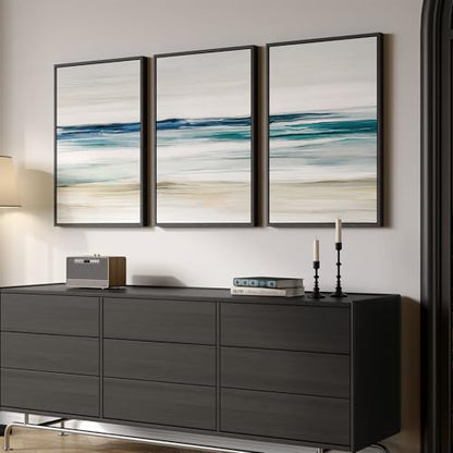 Large Framed Blue Abstract Coastal Ocean Wall Art for Living Room, 24x36 In - color: 3 Piece-Abstract Coastal, size: 24" W x 36" H x 3Pcs