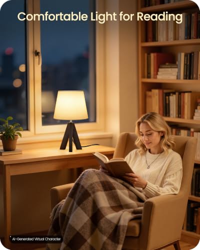 Small Table Lamp for Bedroom, 14.6" Bedside Lamp with White Linen Shade and Walnut Wood Tripod Base, Modern Nightstand Lamp for Living Room, Nursery, Entryway, E26 Socket, VW51TL05 - color: White+Dark Walnut