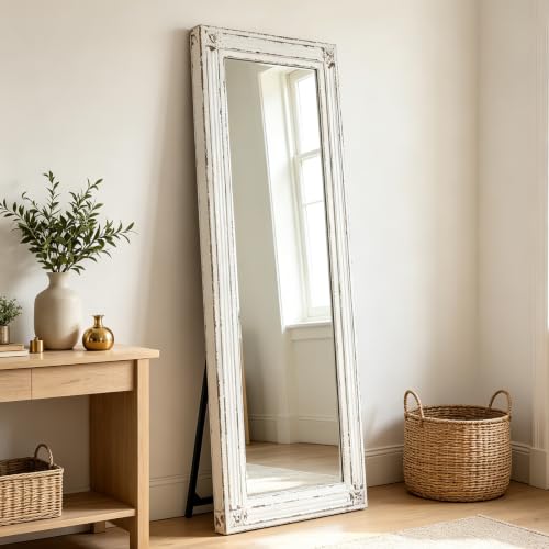 Rustic Full Length Mirror with Stand 60" x 24", Distressed White - color: White