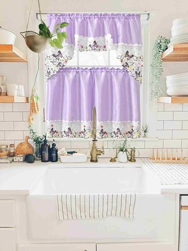 Generic 3-Piece Set Embroidered Window Curtain 2 Panels 1 Valance for Kitchen Restaurant Bar BR (Lilac BR-45) - color: Lilac Br-45