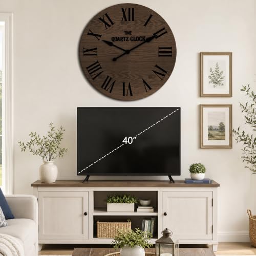 ARTPOWER 35.5" Extra Large Farmhouse Wall Clock,Solid Wood Veneer,Brown - color: Brown, size: 35.5"W x 35.5"H