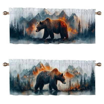 Brown Bear Kitchen Curtains 2 Pack Mountains Trees Oil Painting Kitchen Curtains Room Darkening Curtains Rod Pocket Window Treatment Valances 54x18 inch - color: Brown Bear