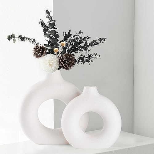 CEMABT Vases for Pampas Grass,Creative Vase Modern Home Decor,Handmade Vase White Ceramic Dried Flowers Crafts Ornaments for Office Home Deco Decoration - color: White, size: Medium and Small (2-Piece)