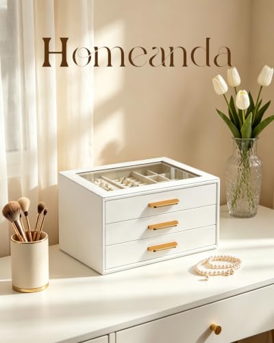 Homeanda Jewelry Boxes Organizer with Glass Lid, 3-Layer PU Leather, White - color: White, size: 3 Layer