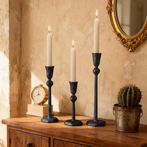 Set of 3 Antique Black Taper Candle Holders Cast Iron Candlestick Holder - color: Bkzt05-3a