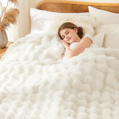 L'AGRATY Faux Rabbit Fur Throw Blanket for Couch, 50'' x 60'', Cream White - color: Cream White, size: 50" x 60"