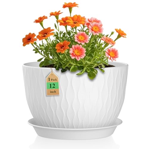 WSMKSZ 12 Inch Large Plant Pots for Indoor or Outdoor Plants, Wide Water Ripples Flower Pots with Drainage Holes & Saucer, Plastic Planters Set for Garden & Home Decor (White) - color: White