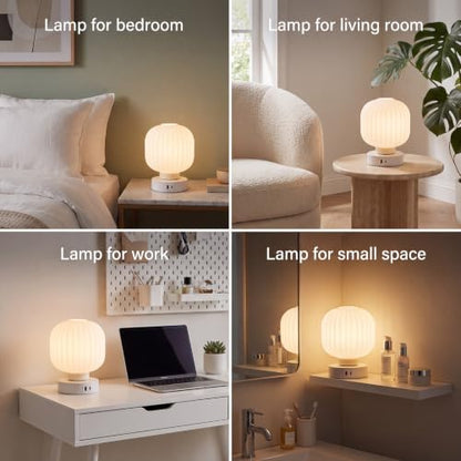 Elenhome Touch Bedside Glass Table Lamp Set of 2 with 3 Way Dimmable Light, Small Table Lamps with USB C+A Charging Ports - Bedroom Nightstand & Living Room Essential, Bulb Included - color: White_2pack