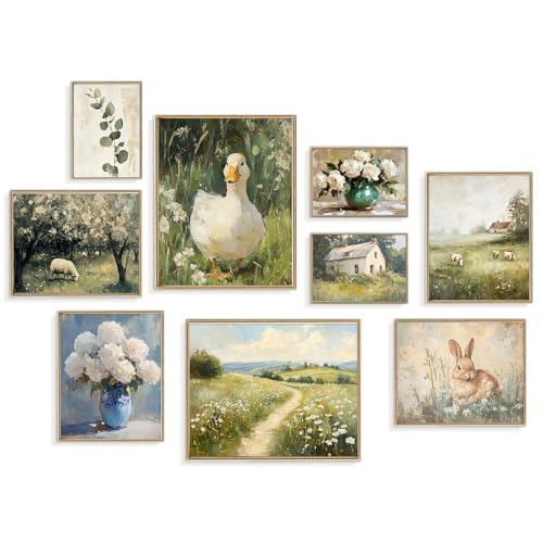 KBKBART 9pcs French Decor For Home - Country French Wall Art Posters, Easter Bunny Goose Pictures,Vintage Art Gallery Wall Prints Landscape Painting For Bedroom Decor(Unframed) - color: French Country