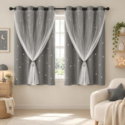 Grey Kids Star Cutout Blackout Curtains for Bedroom 52"W x 45"L 2 Panels - color: Grey, size: 52"W x 45"L (Pack of 2)
