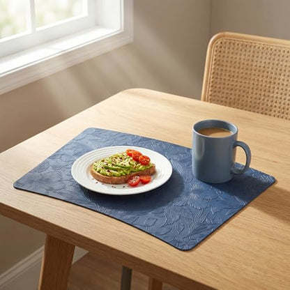 Faux Leather Set of 6, Placemats with Carving Floral Design - color: Dark Blue