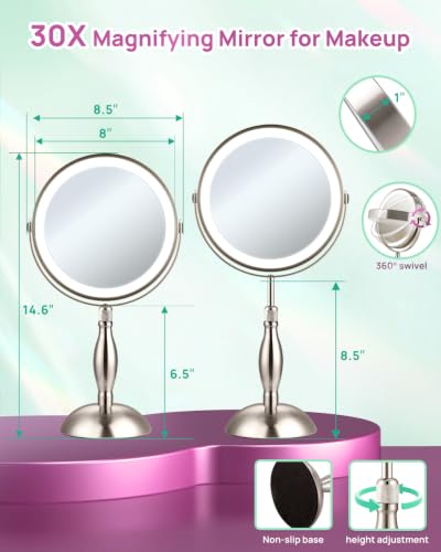 30X Magnifying Mirror with Lights, 8" Height Adjustable Makeup Mirror