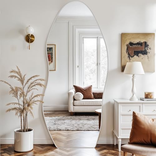 Antok Irregular Full Length Mirror, 68"x26" Asymmetrical Floor Mirror with Stand, Standing Hanging Leaning Irregular Mirrors for Bedroom Living Room Entryway, Wavy Shaped, Silvery - color: Silver, size: 68"L x 26"W, style: Wavy Shaped Style