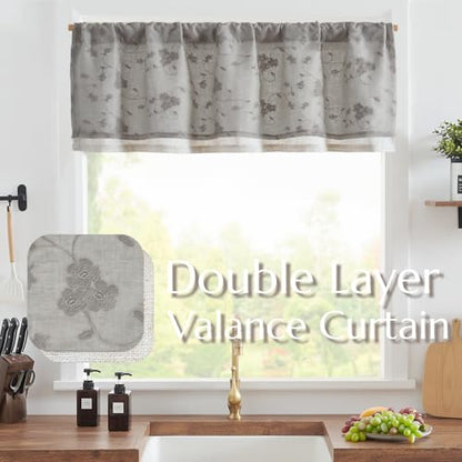 jinchan Sheer Valance for Window Grey Floral Embroidered 18 Inch 1 Panel - color: Floral | Grey