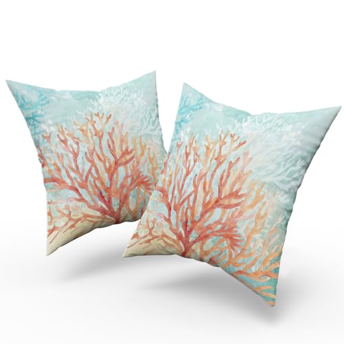 Giwawa Coastal Coral Throw Pillow Covers 18x18 Inches Set of 2, Beach Ocean Seashell Themed Pillow Cushion Cases, Farmhouse Decoration Square Pillowcases for Sofa Couch Bedroom Living Room Car - color: Orange Coral, size: 18" x 18" (Pack of 2)