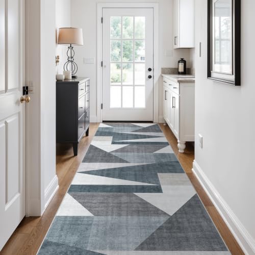 3x10 Washable Geometric Runner Rug - Non-Slip Modern Hallway Rugs Blue Grey - color: Blue/Grey, size: 3' x 10' (Rectangular)