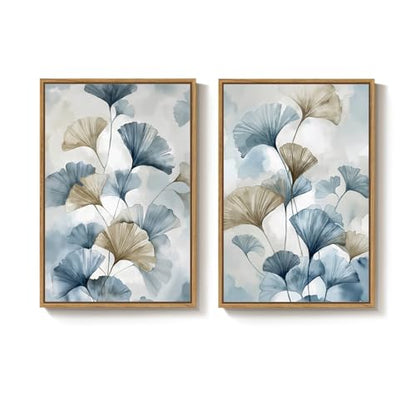 Large Framed Blue Neutral Botanical Ginkgo Wall Art Set of 2, 24x36 Inch - color: Neutral Blue, size: 24" W x 36" H x 2Pcs