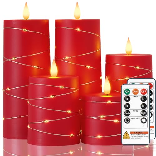 Raycare Red Battery Operated Flameless LED Pillar Candle with Remote Timer - color: 5pcs-Red