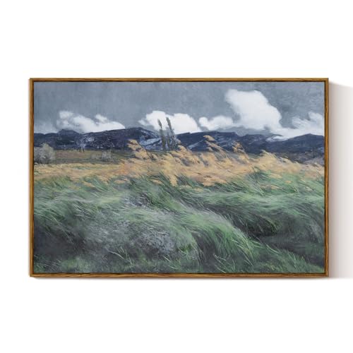 VIYYIEA Large Framed Canvas Wall Art, 24x36 Inch Moody Windy Field Landscape Painting, Nature-Inspired Wall Decor for Living Room or Bedroom, Above Sofa - color: Wind in the Grass, size: 36"L x 24"W