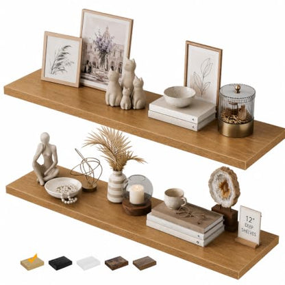 RICHER HOUSE 48Inch Long Floating Shelves, 12" Deep Rustic Wood Wall Shelf - color: Oak, size: 48in